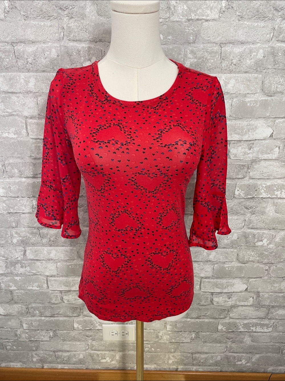 Modcloth Red Scoop Neck Long Sleeve Top with Black and blue Heart Print